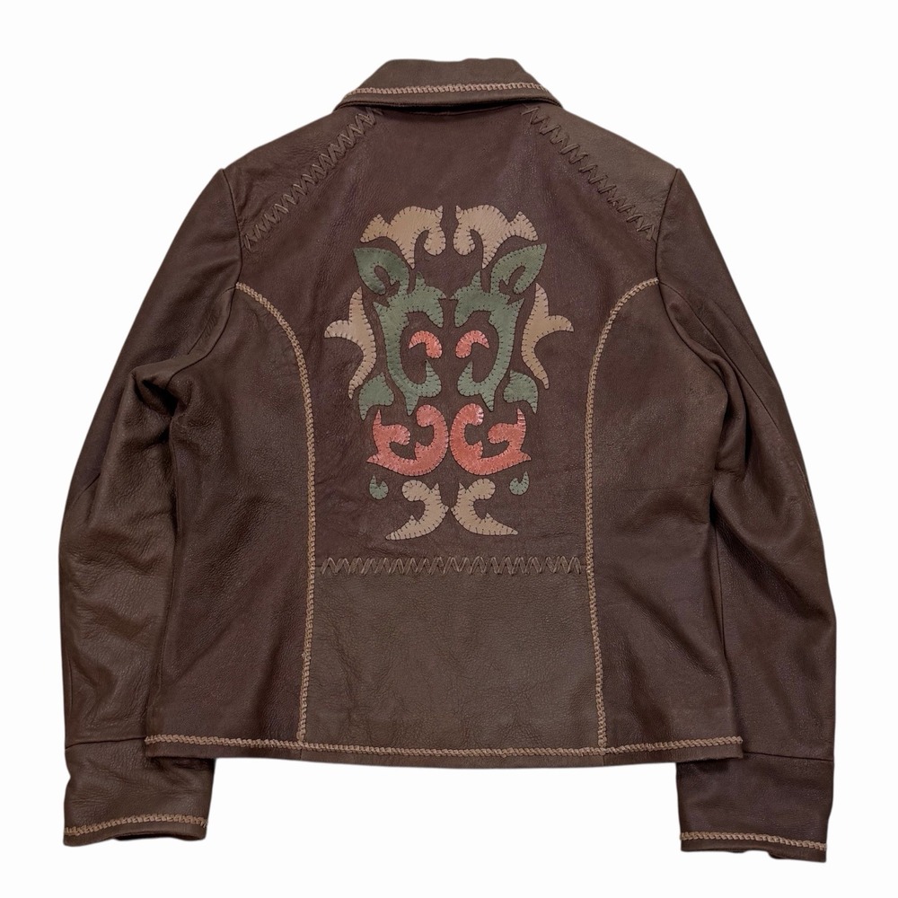 Reba Women's Sz L Soft Leather Jacket Brown Tooled Braided Stitching Full Zip